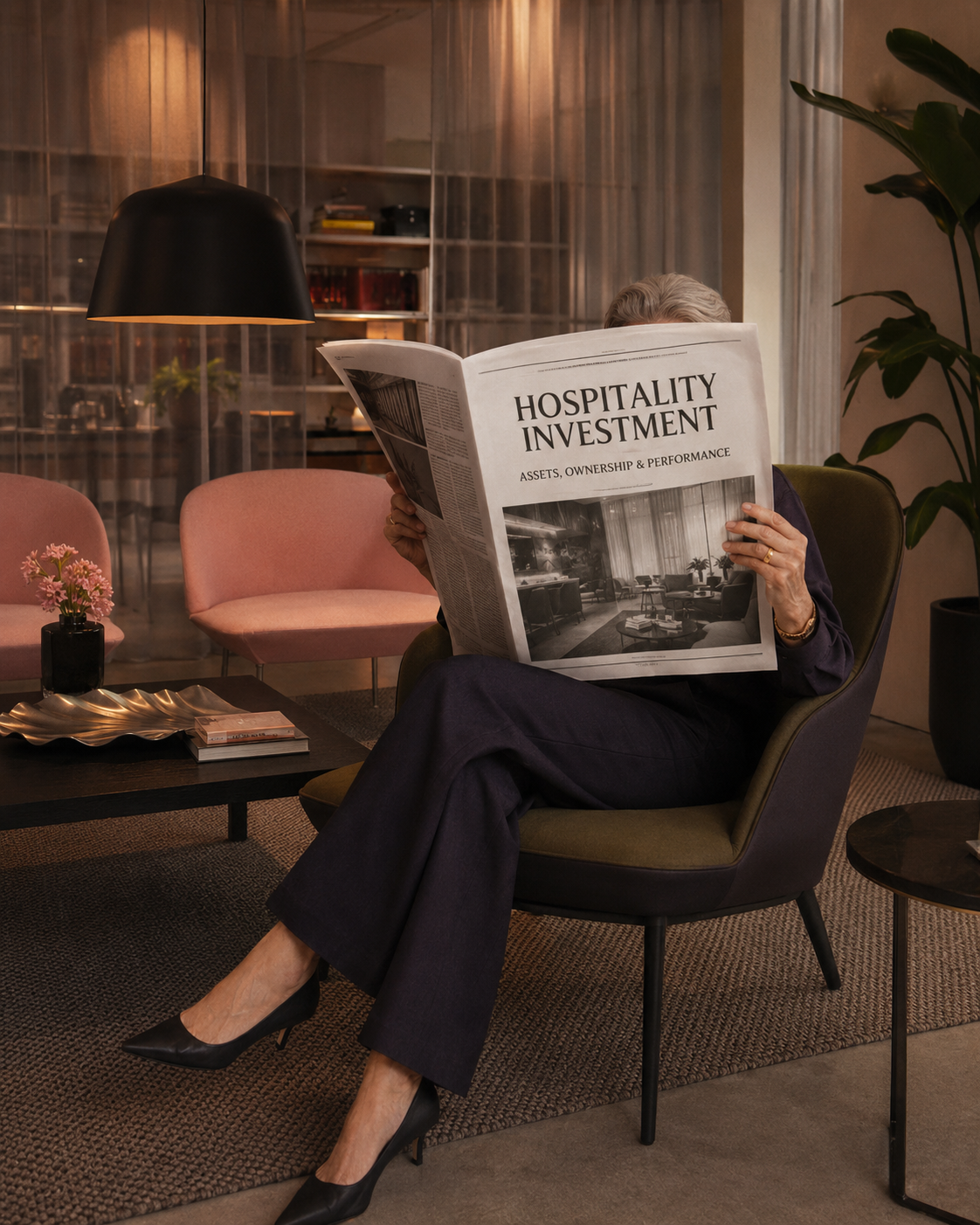 Investor reading a newspaper headlined Hospitality Investment in a warm, design-forward lounge
